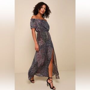 Lulus Neva Navy Blue Floral Print Off-the-Shoulder Maxi Dress